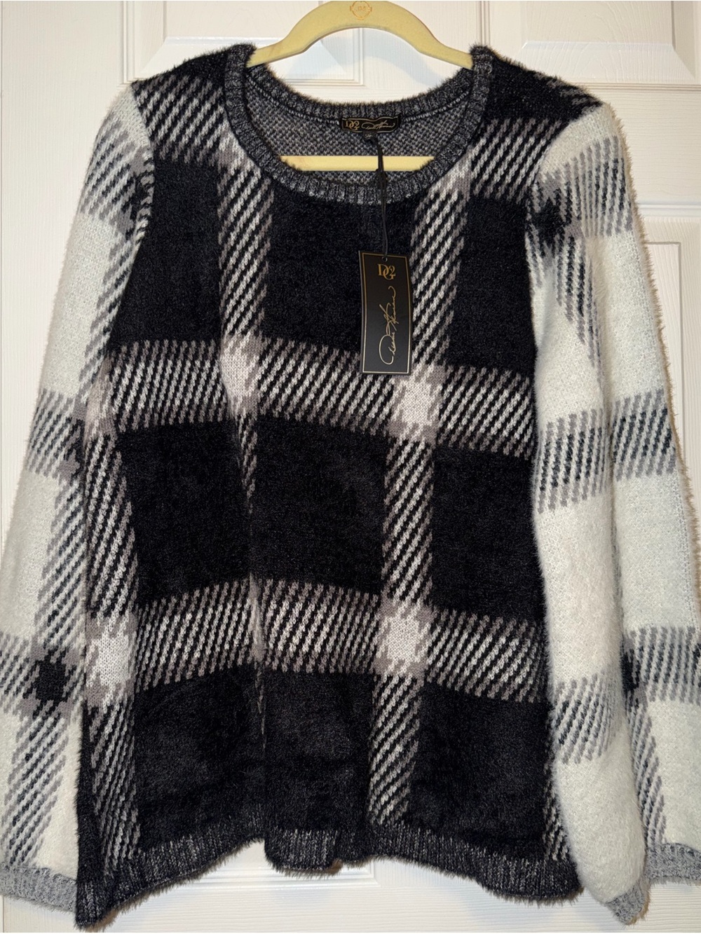 David Meister Black & White Plaid Fuzzy Crewneck Sweater